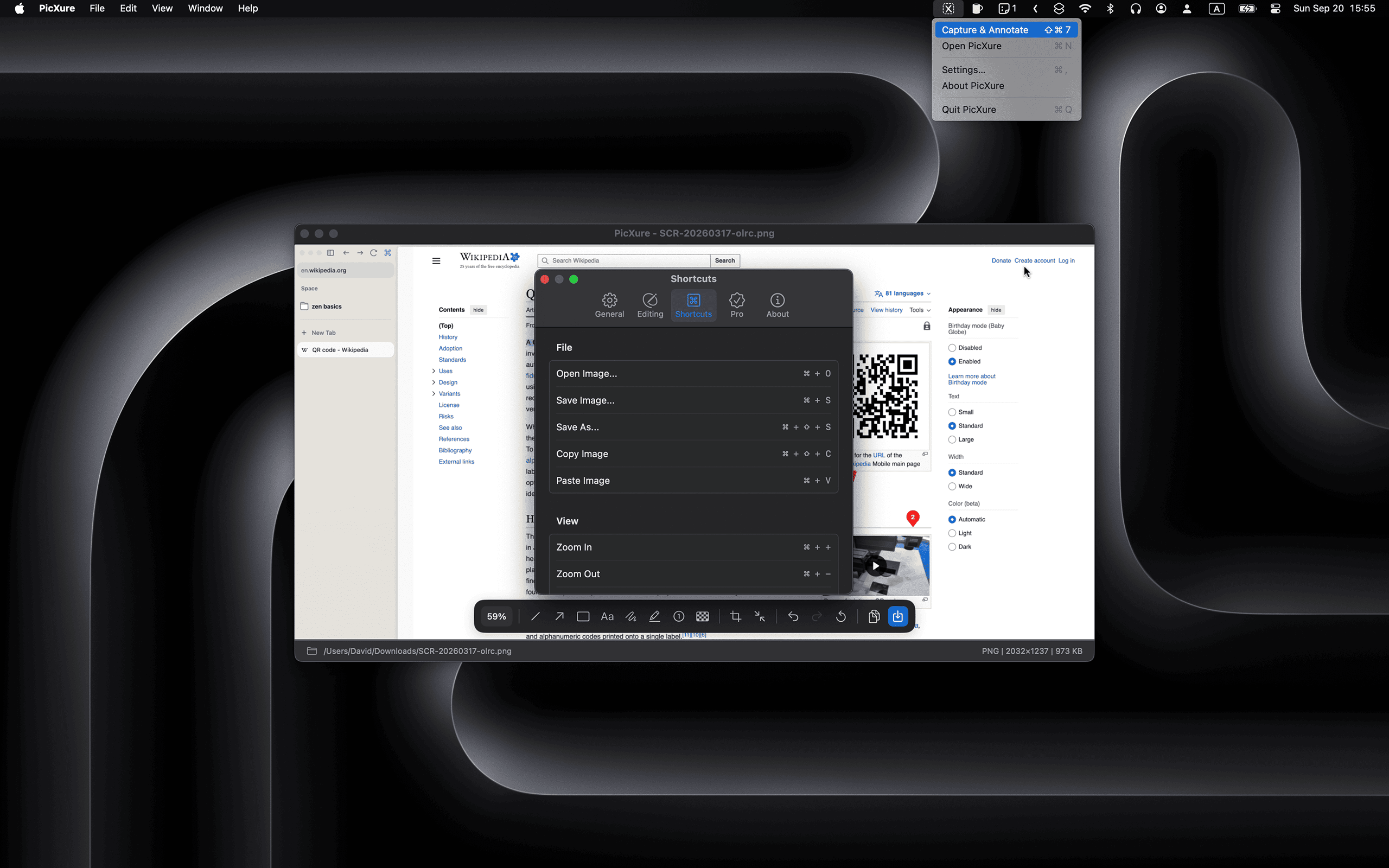 Menu bar & shortcuts